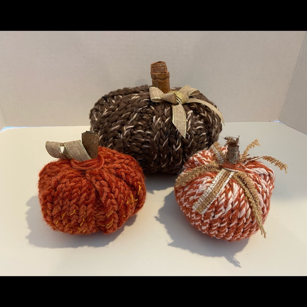 Handcrafted Knit Pumpkins-3-Brown, Orange, Burlap